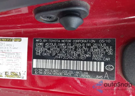 2010 Lexus Is 250C from USA, damaged, VIN JTHFF2C29A2511907